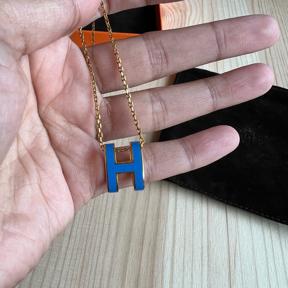 Hermes Pop H Pendant Necklace in Blue and Gold